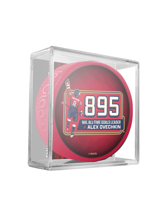 NHLPA Alex Ovechkin Washington Capitals 895 All-Time Goals Leader Collectors Souvenir Red Puck- In Cube