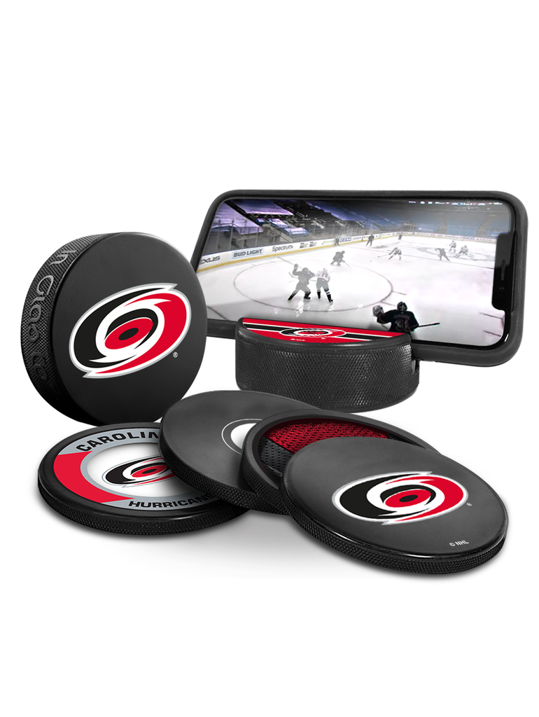 NHL Carolina Hurricanes Ultimate Fan 3-Pack. Includes: 1 NHL Official Classic Souvenir Hockey Puck / 4 Coasters / 1 Media Device Holder