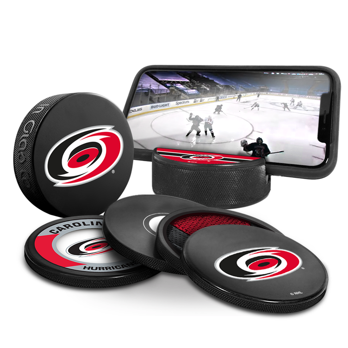NHL Carolina Hurricanes Ultimate Fan 3-Pack. Includes: 1 NHL Official Classic Souvenir Hockey Puck / 4 Coasters / 1 Media Device Holder