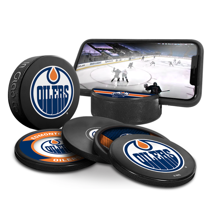 NHL Edmonton Oilers Ultimate Fan 3-Pack. Includes: 1 NHL Official Classic Souvenir Hockey Puck / 4 Coasters / 1 Media Device Holder