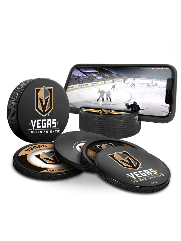 NHL Vegas Golden Knights Ultimate Fan 3-Pack. Includes: 1 NHL Official Classic Souvenir Hockey Puck / 4 Coasters / 1 Media Device Holder