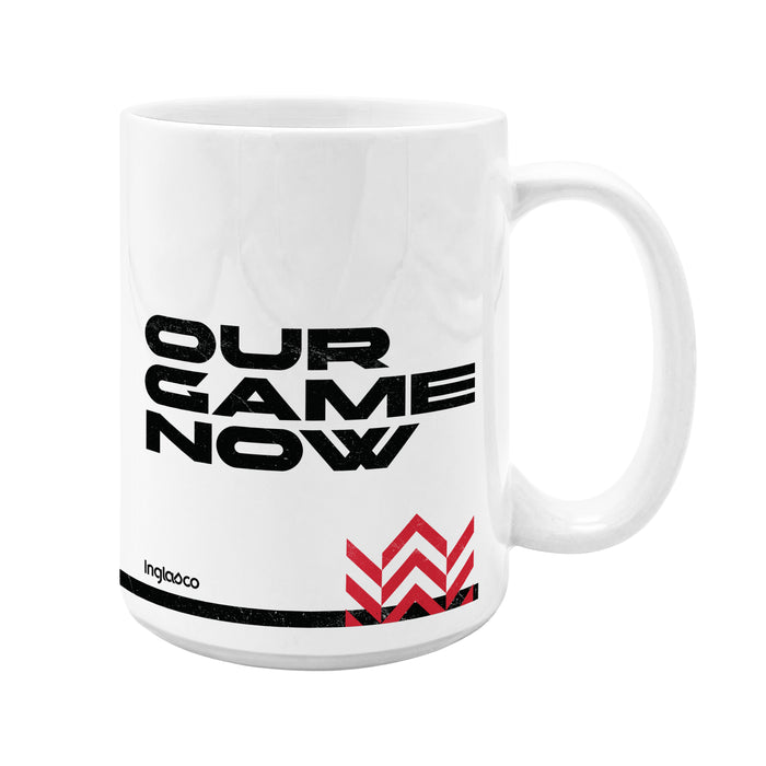 Canada Soccer Our Game Now 15 oz white ceramic mug back view with bold black slogan and red chevrons
