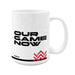 Canada Soccer Our Game Now 15 oz white ceramic mug back view with bold black slogan and red chevrons