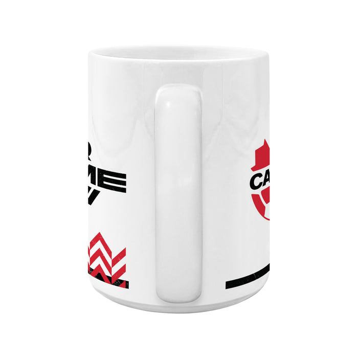 Canada Soccer 15 oz ceramic mug handle view with maple leaf crest and Our Game Now graphics visible