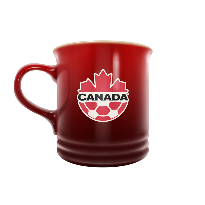 Canada Soccer 14 oz red stoneware mug with white Canada national team soccer crest