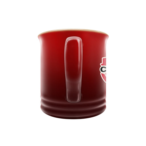 Canada Soccer 14 oz red stoneware mug rear view showing handle and faded Canada crest