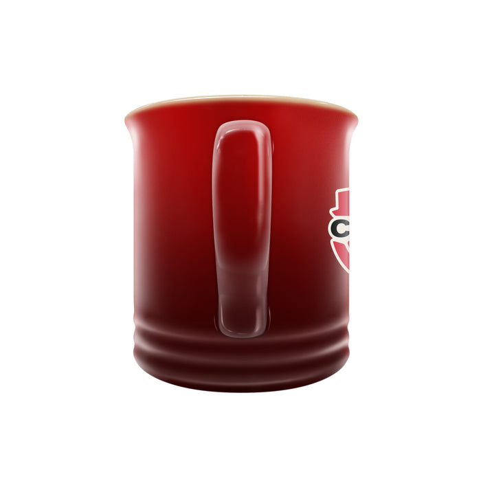 Canada Soccer 14 oz red stoneware mug rear view showing handle and faded Canada crest