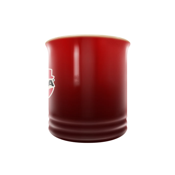 Canada Soccer 14 oz red stoneware mug back view with handle hidden and partial crest at edge
