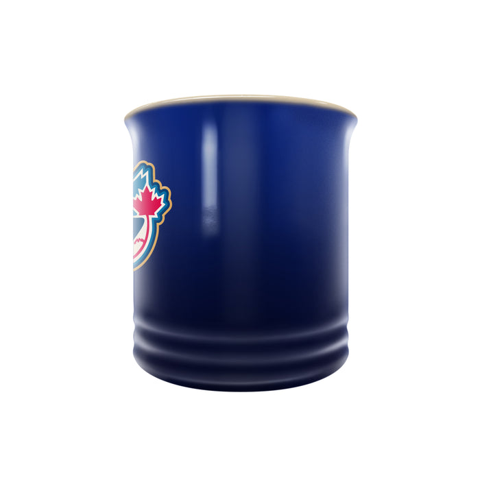 MLB Toronto Blue Jays 14 oz navy stoneware mug side profile with anniversary crest peeking around
