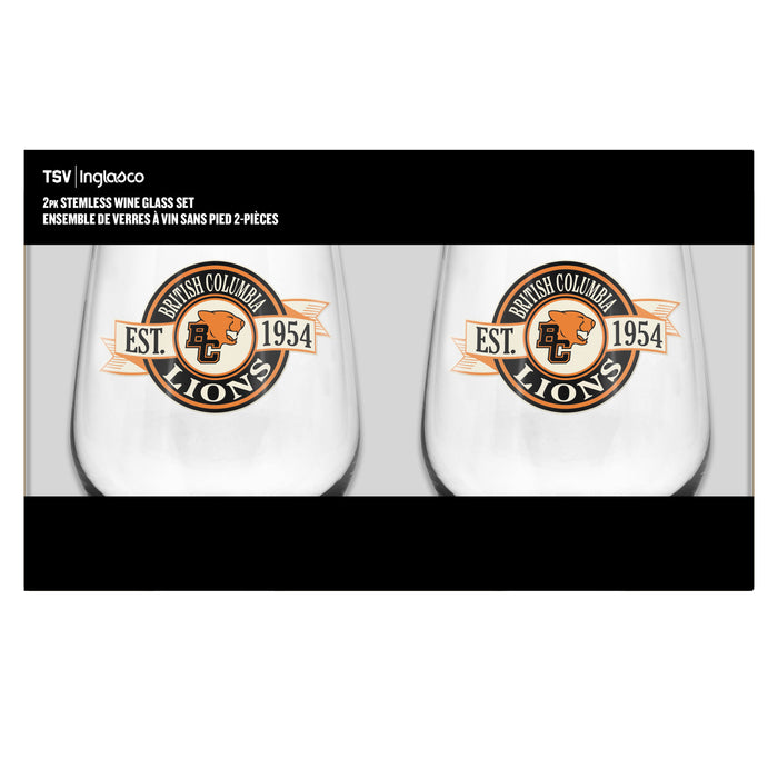 CFL BC Lions 19 Oz 2 Wine Glass Stemless Collection Pack Banner Design