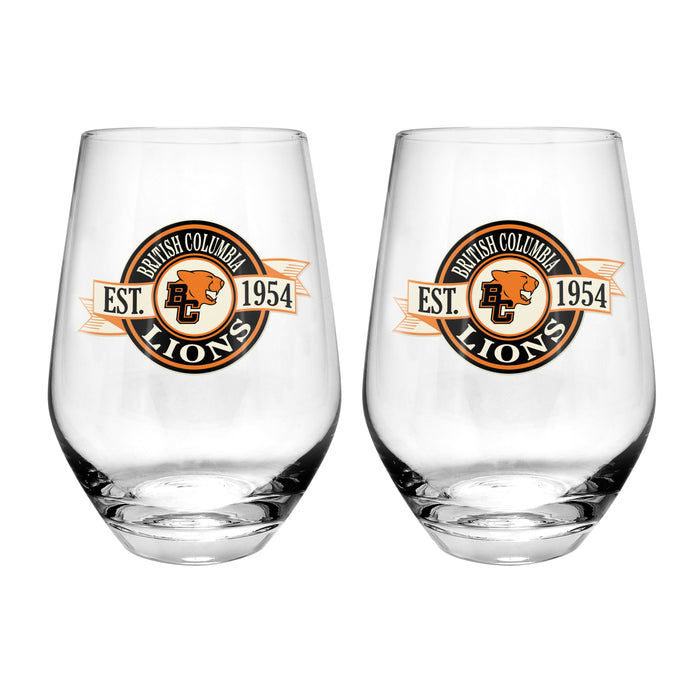 CFL BC Lions 19 Oz 2 Wine Glass Stemless Collection Pack Banner Design