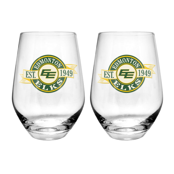 CFL Edmonton Elks 19 Oz 2 Wine Glass Stemless Collection Pack Banner Design