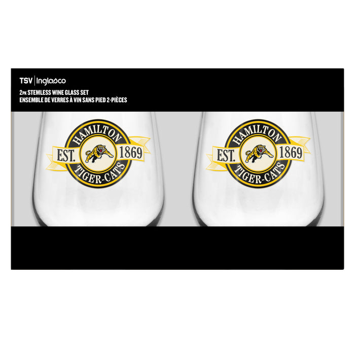 CFL Hamilton Tiger Cats 19 Oz 2 Wine Glass Stemless Collection Pack Banner Design