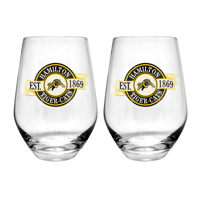 CFL Hamilton Tiger Cats 19 Oz 2 Wine Glass Stemless Collection Pack Banner Design