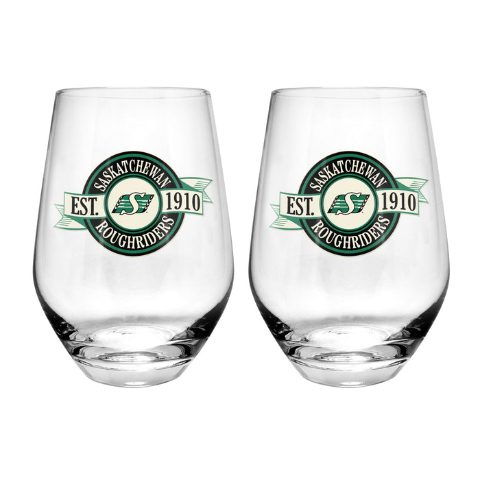 CFL Saskatchewan Roughriders 19 Oz 2 Wine Glass Stemless Collection Pack Banner Design