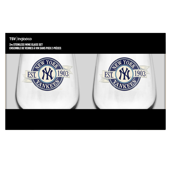 MLB New York Yankees 19 Oz 2 Wine Glass Stemless Collection Pack Banner Design