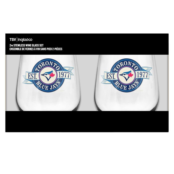 MLB Toronto Blue Jays 19 Oz 2 Wine Glass Stemless Collection Pack Banner Design