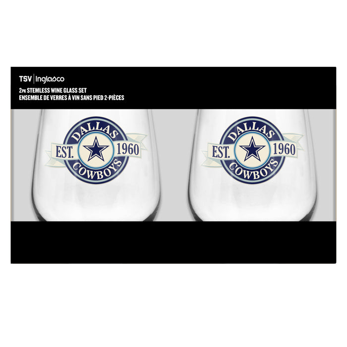 NFL Dallas Cowboys 19 Oz 2 Wine Glass Stemless Collection Pack Banner Design