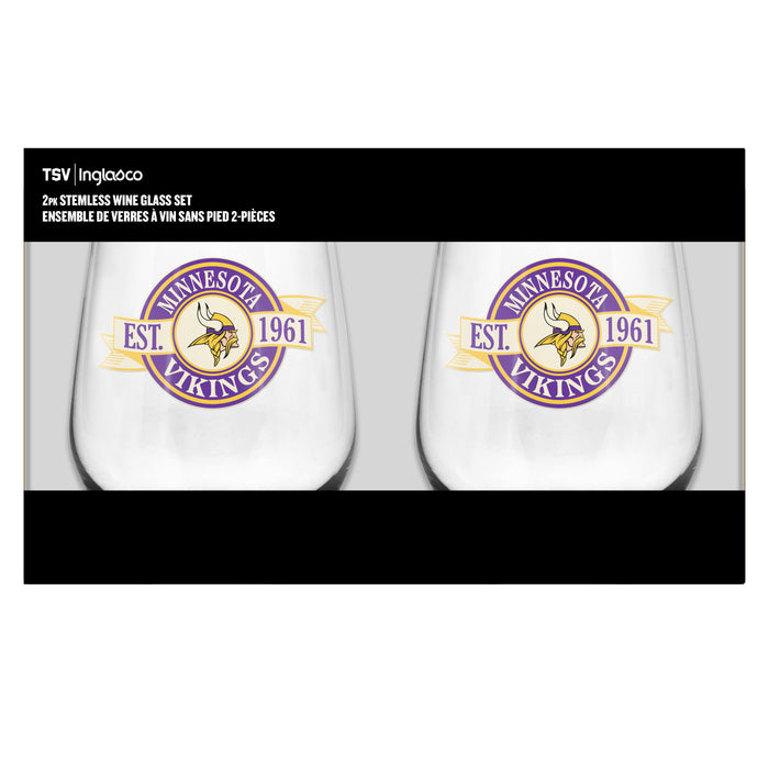 NFL Minnesota Vikings 19 Oz 2 Wine Glass Stemless Collection Pack Banner Design
