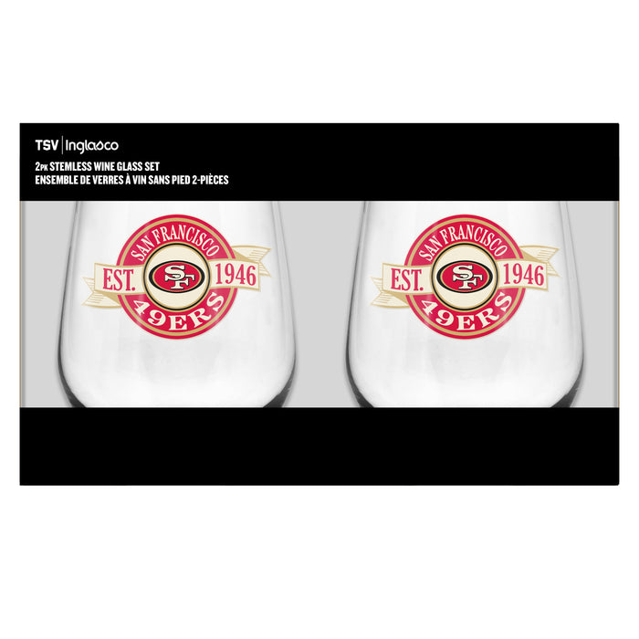 NFL San Francisco 49ers 19 Oz 2 Wine Glass Stemless Collection Pack Banner Design