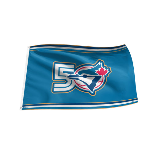 MLB Toronto Blue Jays 50th Season 3 by 5 light blue team flag with anniversary crest and stripe band