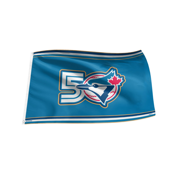 MLB Toronto Blue Jays 50th Season 3 by 5 light blue team flag with anniversary crest and stripe band