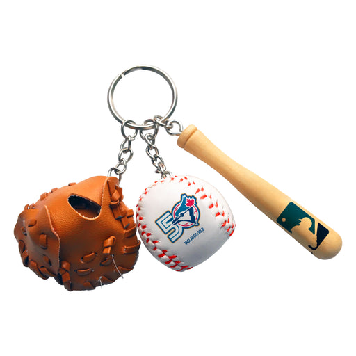 MLB Toronto Blue Jays bat ball glove novelty keychain trio with mini mitt, baseball and wood bat