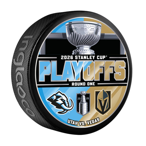 Utah Mammoth vs Vegas Golden Knights NHL 2026 Stanley Cup Playoffs Round One dueling puck with blue and gold split background