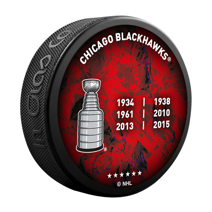 NHL Chicago Blackhawks 6 Time Stanley Cup Champions: 1934 / 1938 / 1961 / 2010 / 2013 / 2015 Commemorative Collector Puck