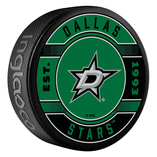 NHL Dallas Stars Est 1993 lenticular puck with team D-star logo on green and black plaid backdrop