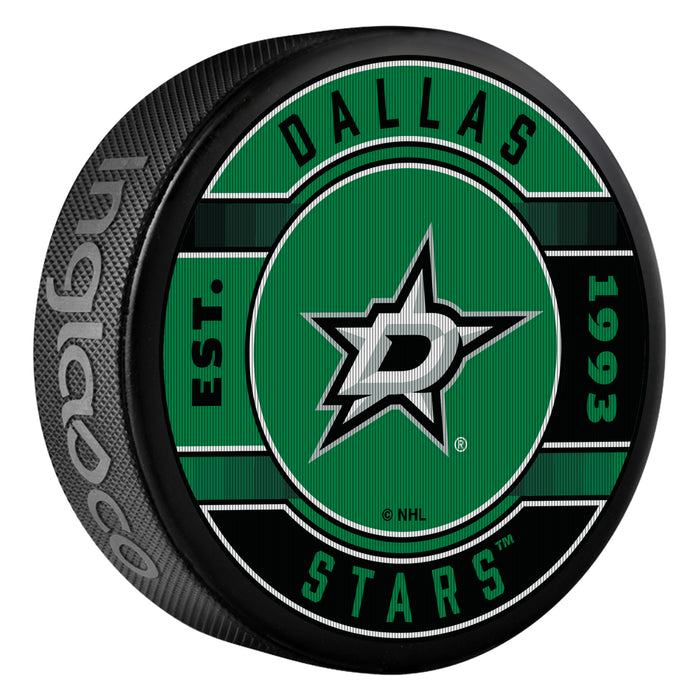 NHL Dallas Stars Est 1993 lenticular puck with team D-star logo on green and black plaid backdrop