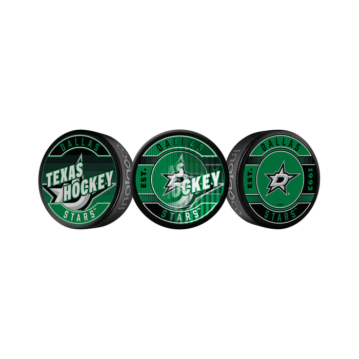 NHL Dallas Stars lenticular puck three-puck lineup showing rally, mid-flip and Est 1993 heritage front