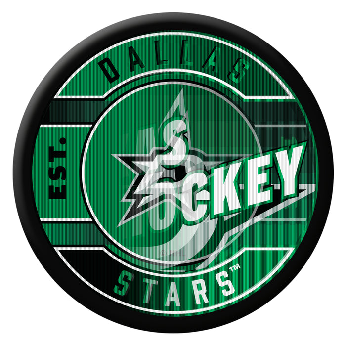 NHL Dallas Stars lenticular puck mid-flip view blending Est 1993 logo and Texas Hockey rally graphic
