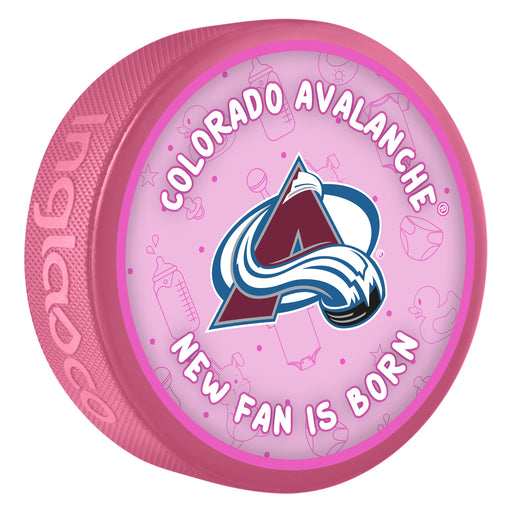 NHL Colorado Avalanche New Fan Is Born pink souvenir hockey puck with team avalanche A logo on baby-themed background