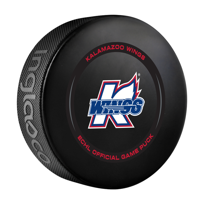 Kalamazoo Wings black ECHL official game puck with red and blue K monogram and crossed sticks 50 Years logo