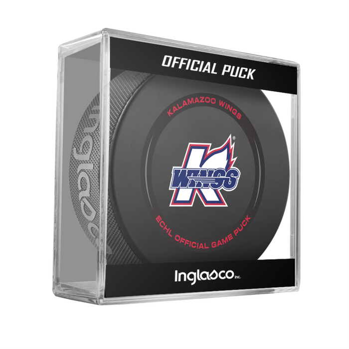 Kalamazoo Wings 50 Years ECHL official game puck displayed in clear Official Puck cube showing red, white and blue K Wings logo