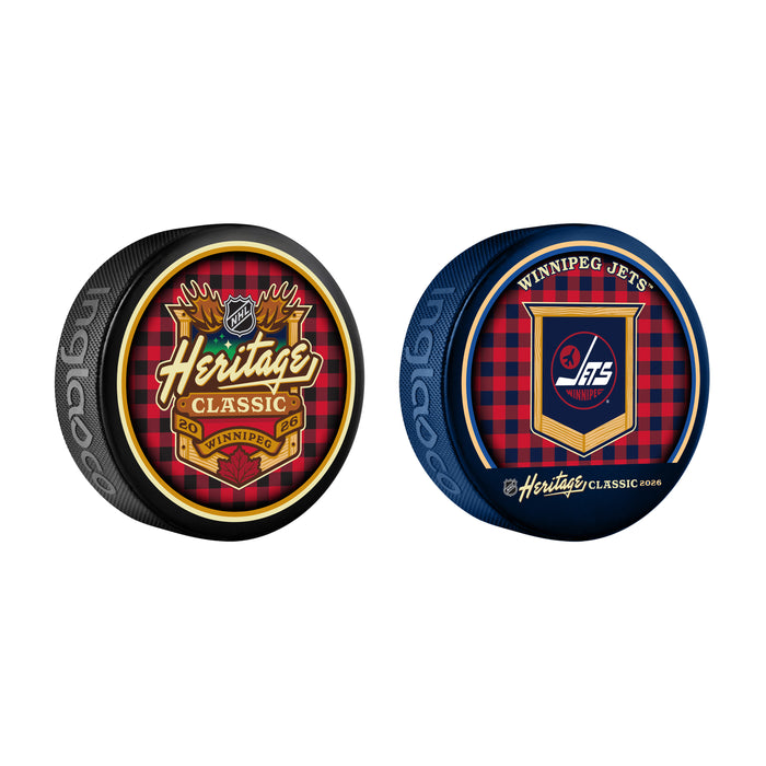 NHL Heritage Classic 2026 Hockey Pucks 2 Set Winnipeg Generic & Winnipeg Jets Logo