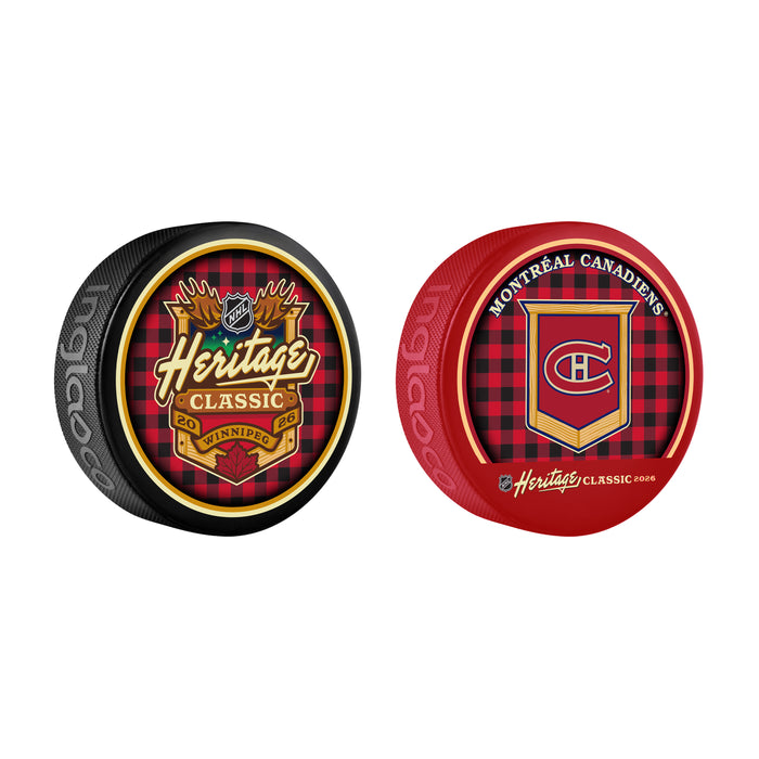 NHL Heritage Classic 2026 Hockey Pucks 2 Set Winnipeg Generic & Red Montreal Canadiens Logo