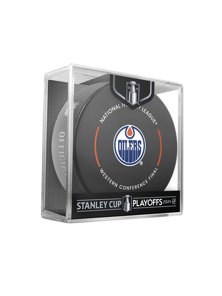 NHL Edmonton Oilers 2024 Official Playoffs Game Hockey Puck Design Round 3 In Cube