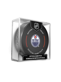 NHL Edmonton Oilers Officially Licensed 2024-25 Team Game Hockey Puck Design- In Cube