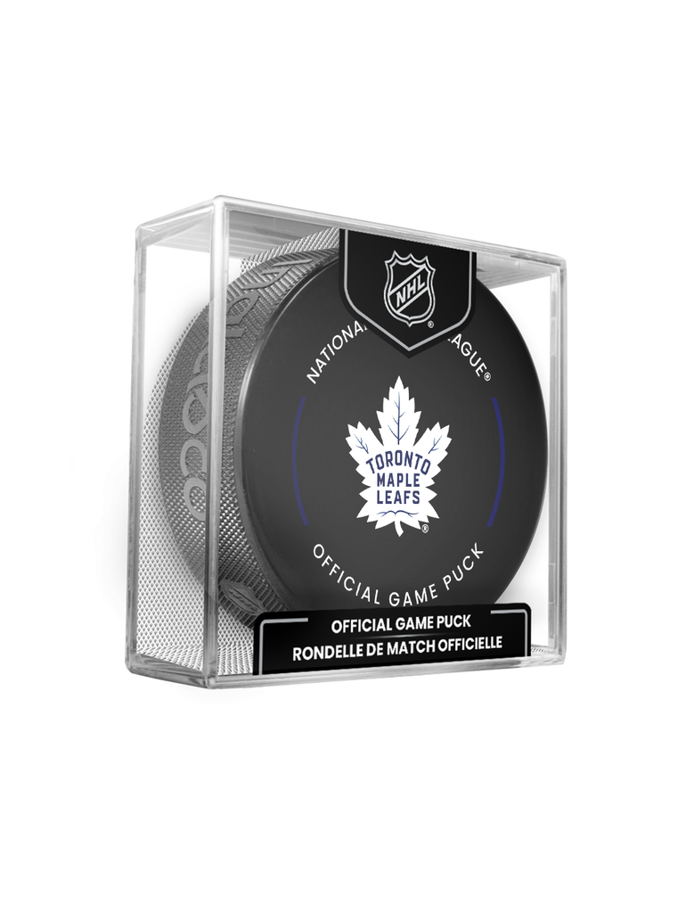 NHL Toronto Maple Leafs Officially Licensed 2024-25 Team Game Hockey Puck Design- In Cube