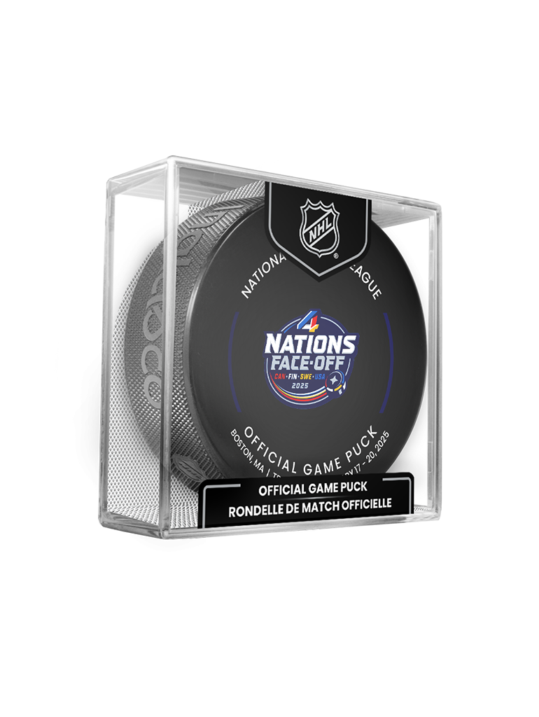 2025 NHL 4 Nations Face-Off  Boston Feb-17-20 2025 Official Game Puck Design- in Cube