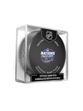 2025 NHL 4 Nations Face-Off  Boston Feb-17-20 2025 Official Game Puck Design- in Cube