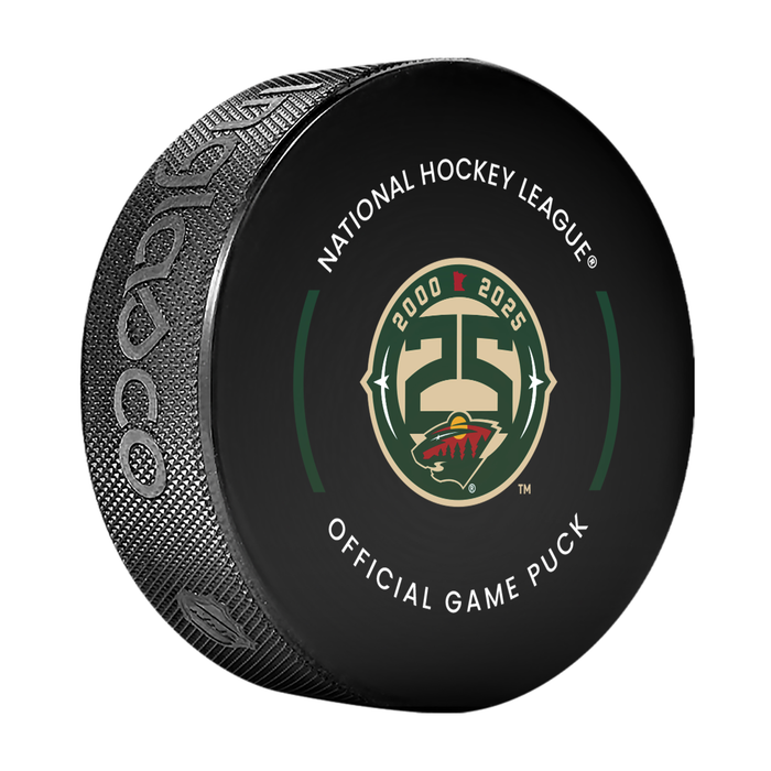 NHL Minnesota Wild 25th Anniversary Officially Licensed 2025-2026 Game Puck Design In Cube