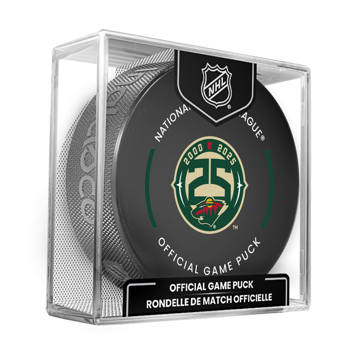 NHL Minnesota Wild 25th Anniversary Officially Licensed 2025-2026 Game Puck Design In Cube