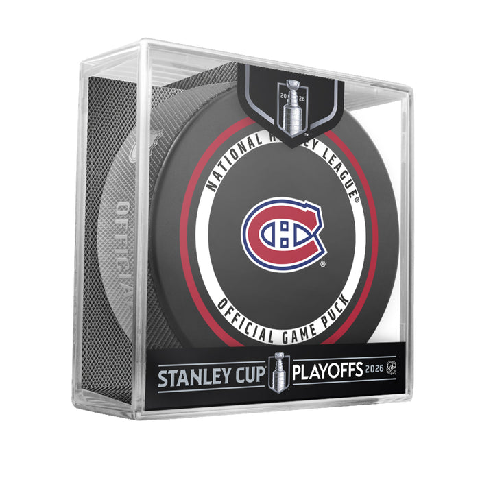 Montreal Canadiens NHL Playoffs 2026 official game puck displayed in clear Stanley Cup Playoffs cube package