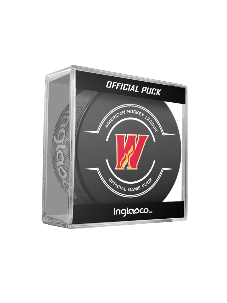 AHL Calgary Wranglers 2023-24 Official Game Hockey Puck In Cube