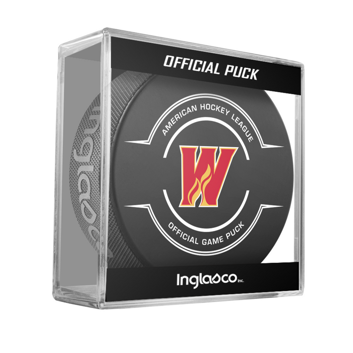 AHL Calgary Wranglers 2025-26 Official Game Hockey Puck In Cube