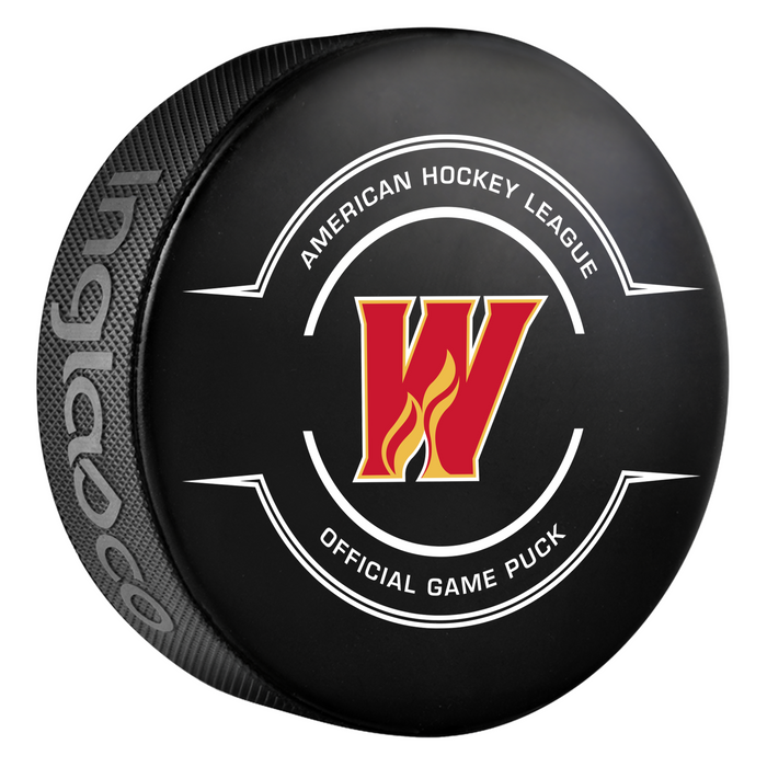 AHL Calgary Wranglers 2025-26 Official Game Hockey Puck In Cube