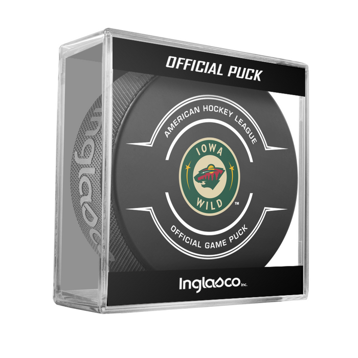 AHL Iowa Wild 2025-26 Official Game Hockey Puck In Cube